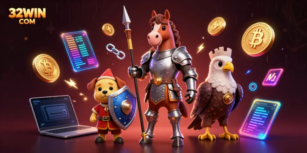 Engage with vibrant gaming at 32WIN COM featuring a dynamic knight, squire, and falcon amidst crypto elements.