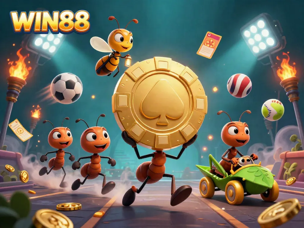 Experience thrilling action with WIN88 as ants execute a heist featuring poker chips and dynamic sports elements.