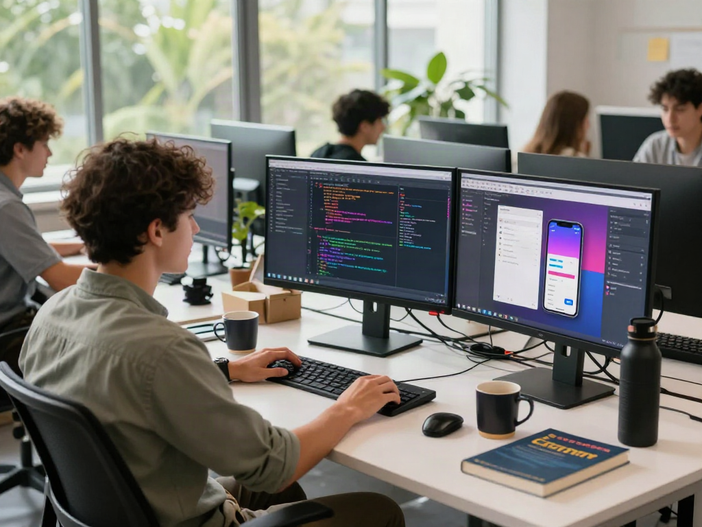 Developer coding on multiple screens with gb whatsapp interface in a modern workspace.