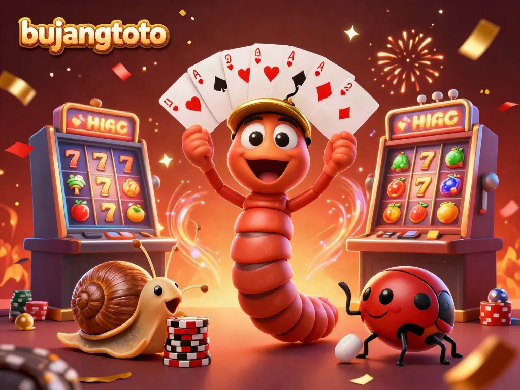 Experience the thrill with bujangtoto's vibrant casino scene featuring a playful millipede dealer and exciting slot machines.