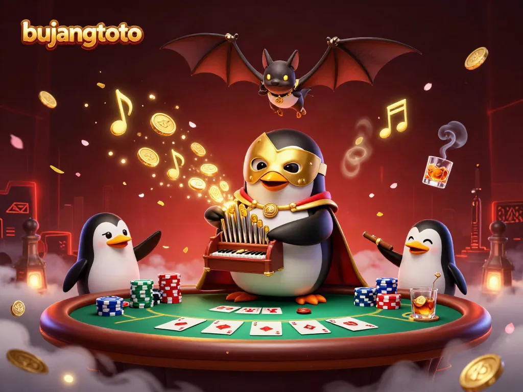 Experience exhilarating wins with bujangtoto at a vibrant casino featuring a whimsical penguin playing an organ.