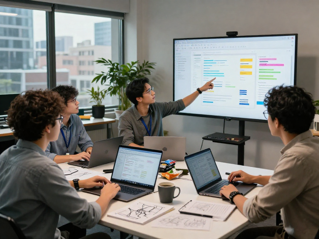 MVP development service team collaboration in a vibrant office with laptops and prototypes.