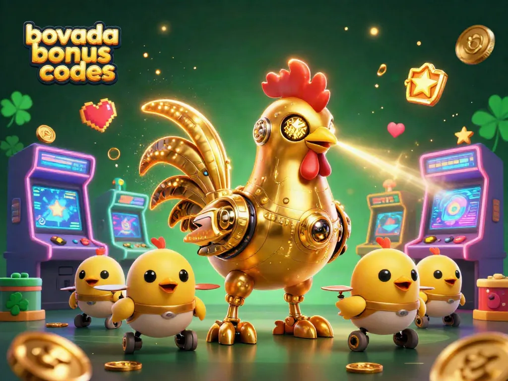 Engage with Bovada bonus codes illustrated by a golden robot and baby chick drones in a dynamic casino scene.