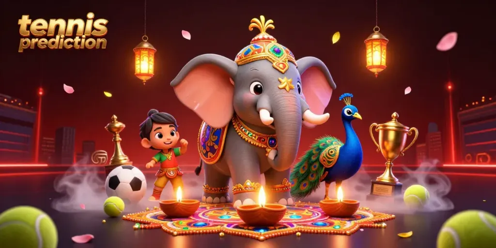 Tennis prediction scene featuring a colorful elephant, peacock, and dynamic sports betting elements