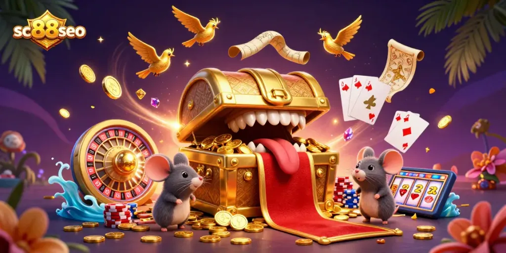 Engage with sc88seo treasure chest in a vibrant casino scene showcasing cascading coins and dynamic gameplay.