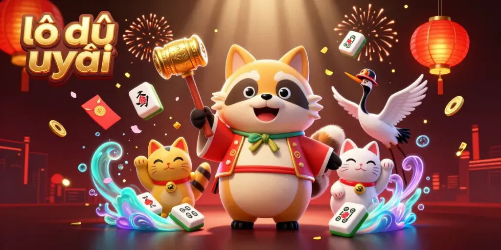 The illustration showcases lô đề uy tín with a cheerful tanuki and fortune cats surrounded by vibrant mahjong tiles and festive decorations.