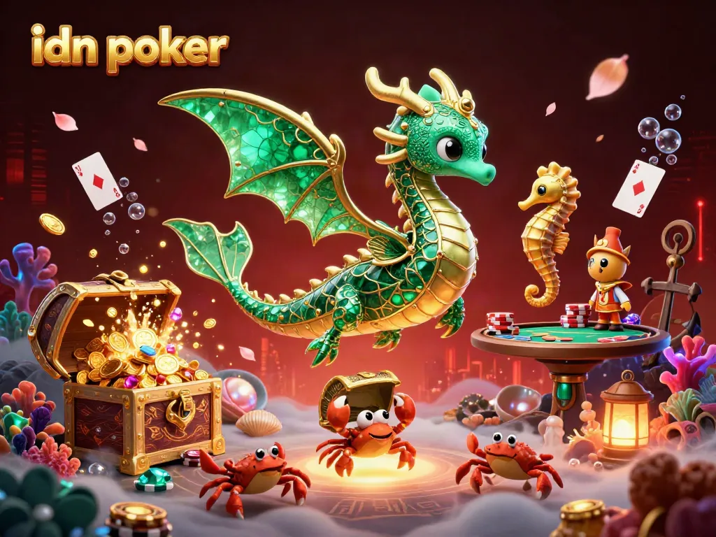 Memainkan idn poker dengan naga laut, kuda laut, dan harta karun yang dikelilingi koin emas.