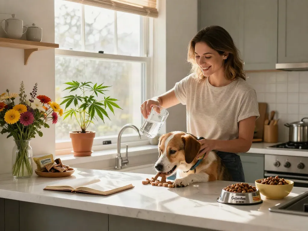 Calming Dog Treats enhancing wellness for dogs in a bright, organic kitchen with sunlight.