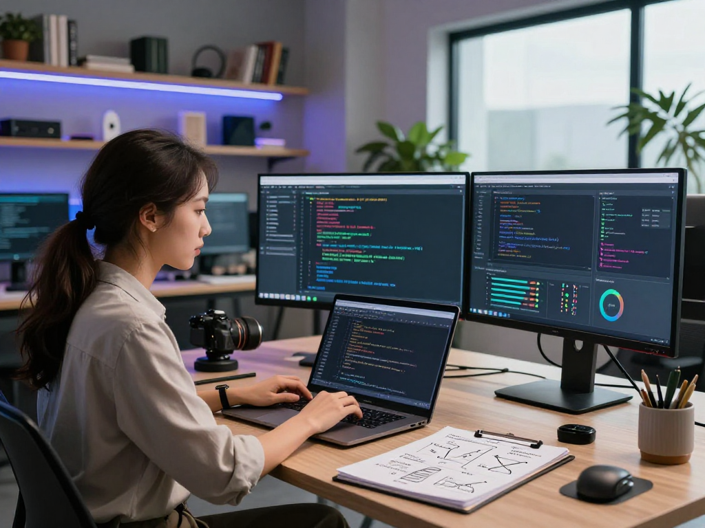 Dynamic workspace of an AI software aggregator expert analyzing code on multiple screens, showcasing a productive development environment.