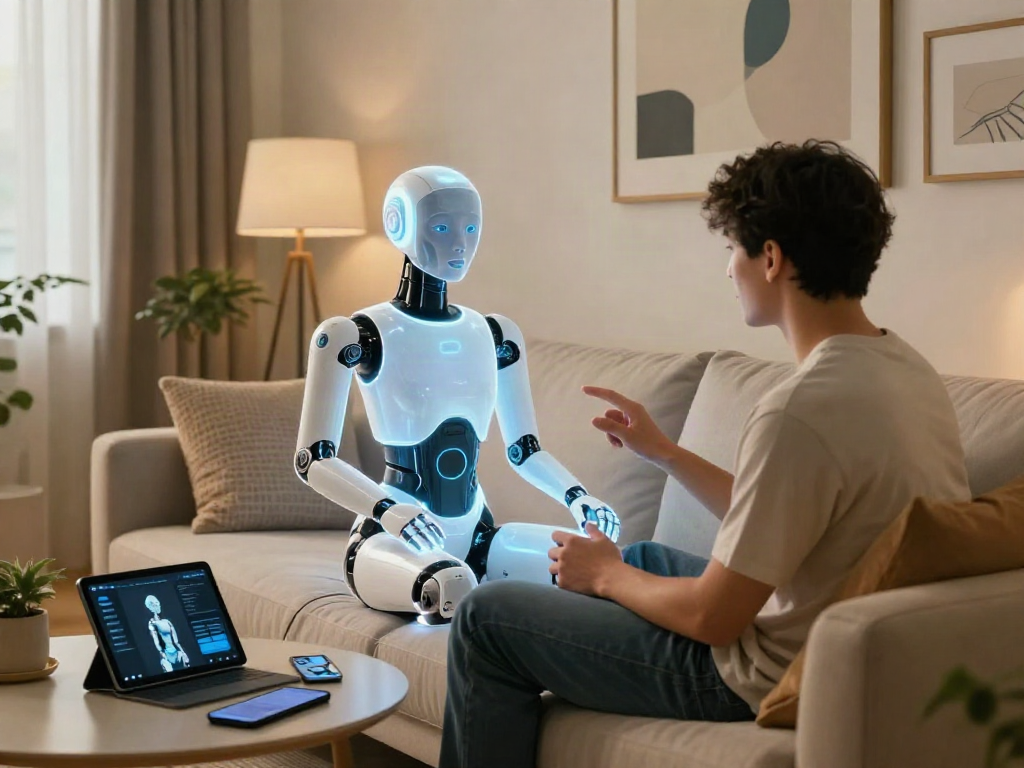 Interactive scene featuring a person with a sex bot hologram in a stylish apartment.