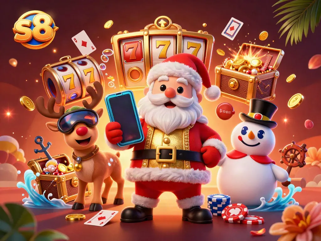 Experience exciting slots with s8 in this vibrant 3D casino scene featuring cartoon characters.