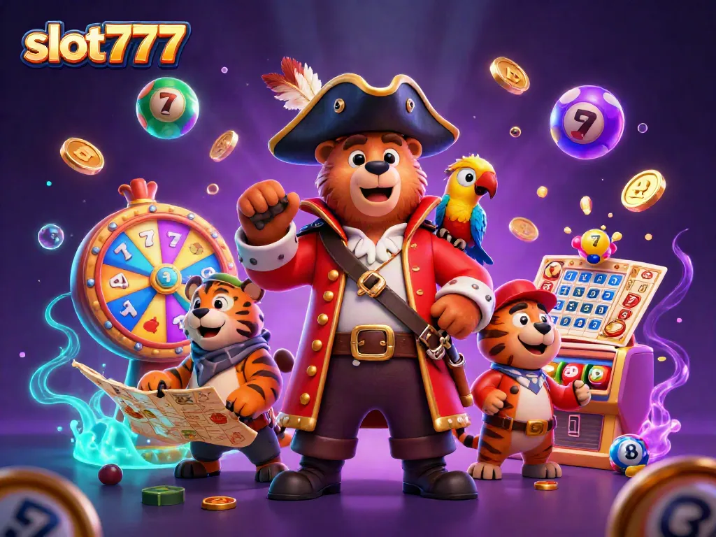 Spin to win with slot777 in a vibrant pirate-themed casino adventure illustration.