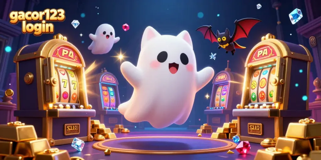 Engage in exciting gameplay with gacor123 login in a vibrant haunted casino illustration showcasing thrilling slot action.
