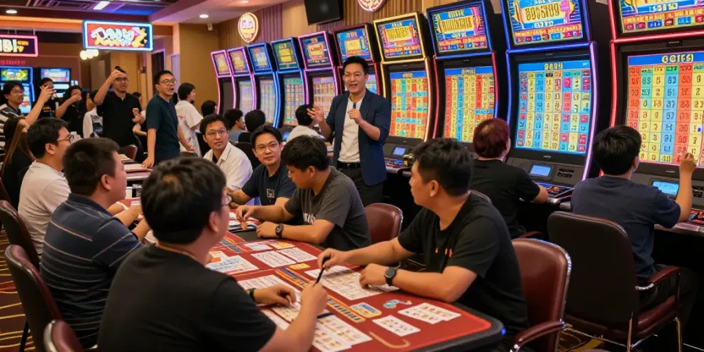 Suasana togel rata di ruang perjudian dengan pemain bersemangat dan layar berwarna.