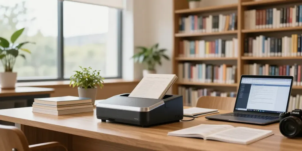 Efficient book scanners used in a modern library setting for digitizing books.