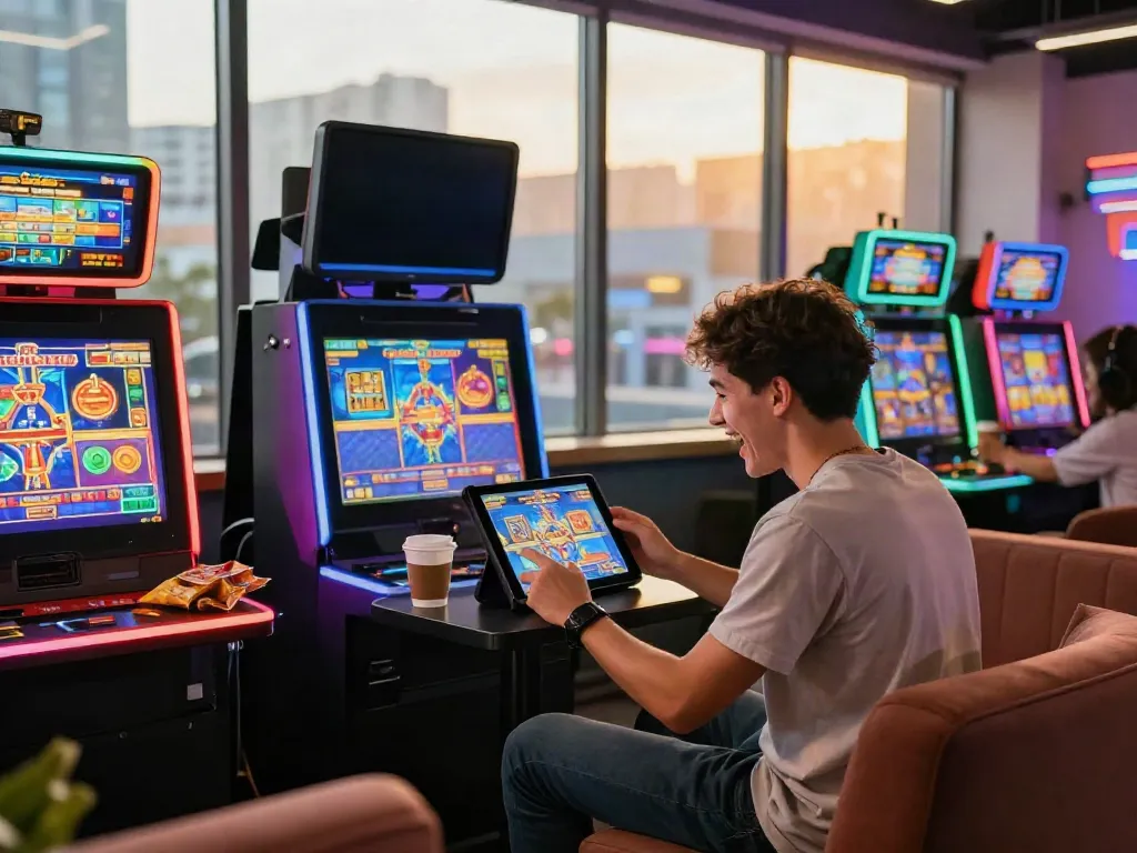 Excited player enjoying a slot gacor game on a tablet in a modern gaming lounge