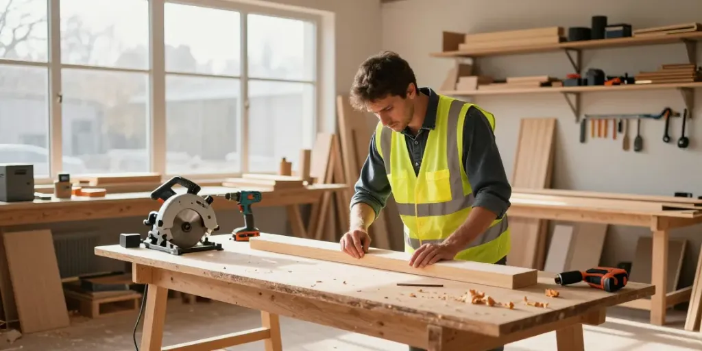 Carpentry Services Sydney featuring a carpenter measuring wood in a well-lit workshop.
