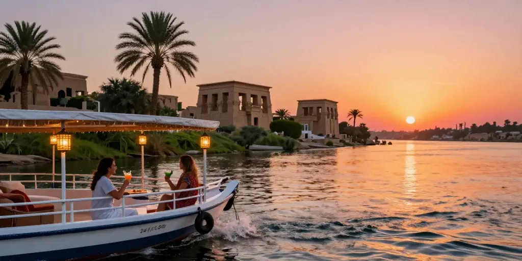 Couple enjoying a Nile River cruise, a stunning sunset and ancient temples in the background, highlighting the experience of Egypt Nile Cruises.