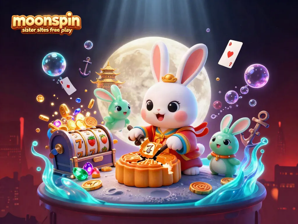 Experience moonspin casino sister sites free play with a vibrant 3D scene filled with casino elements.