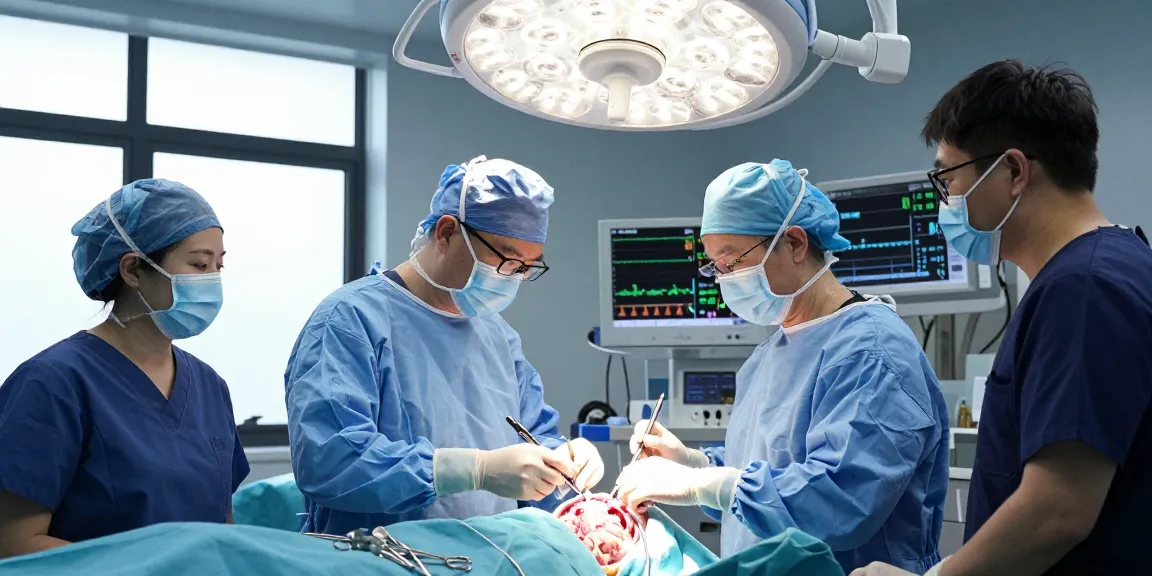 In a brain tumor surgery scene, a neurosurgeon performs a beyin tümörü ameliyatı with advanced medical technology and focused assistants in a sterile environment.