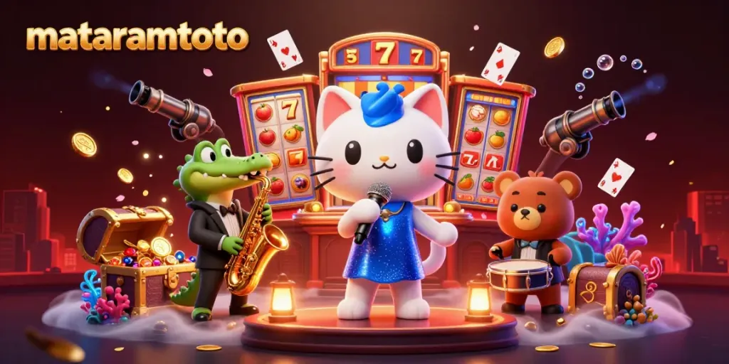 Engage with mataramtoto's vibrant casino scene featuring a jazz-singer cat, saxophone crocodile, and drum-playing bear, surrounded by slot elements.