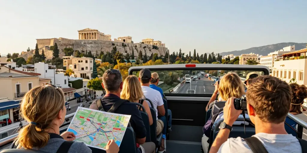 Sightseeing bus Athens with tourists capturing views of landmarks like the Acropolis.