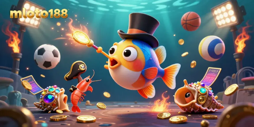 Experience winning at mloto188 with an anglerfish, shrimp, and sea snail in this vibrant gambling-themed illustration.