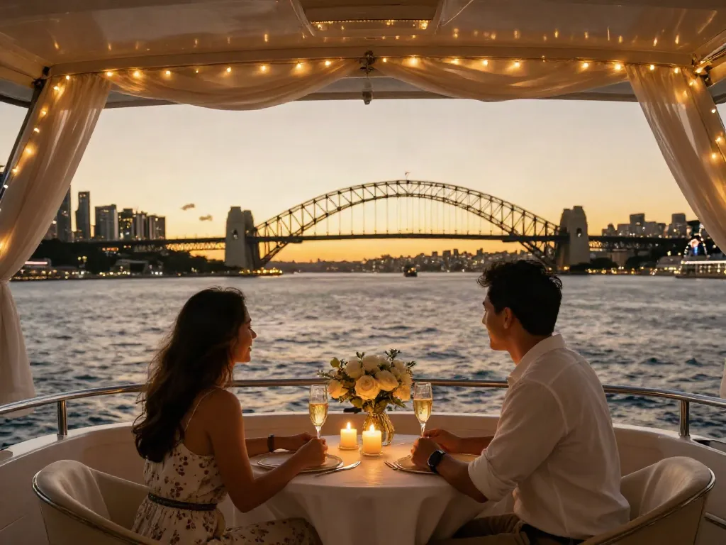 Couple experiencing a proposal boat cruise Sydney with stunning sunset views.