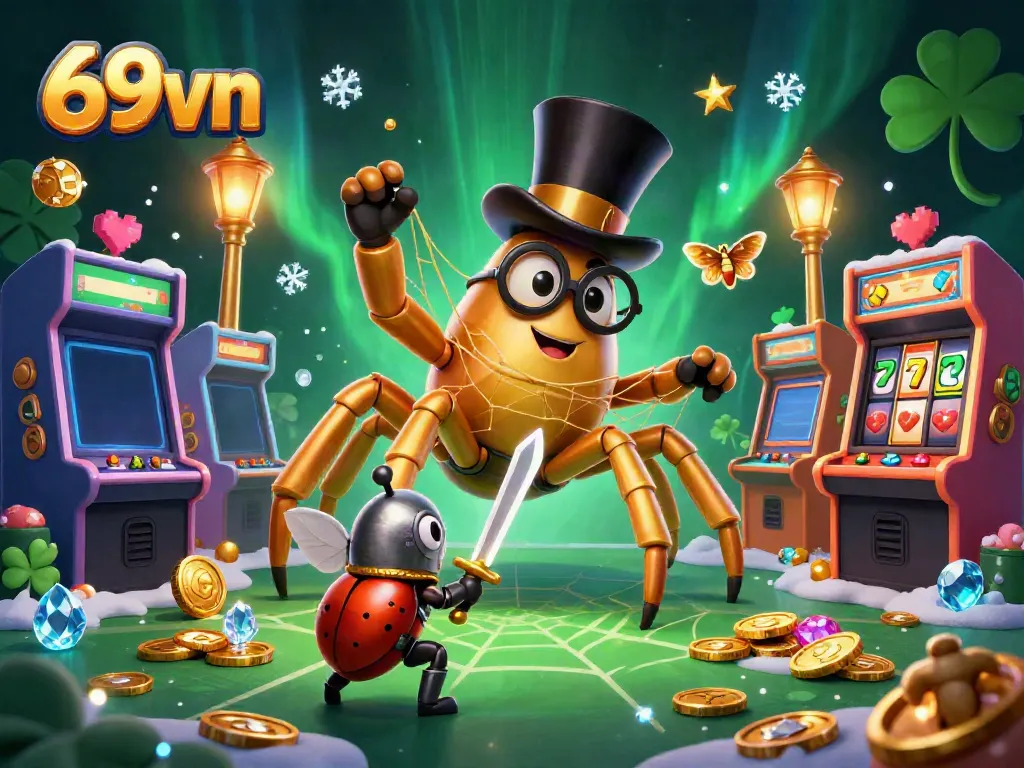 Experience the excitement of winning jackpots at 69vn, with colorful slots and brave characters in a vibrant casino scene.