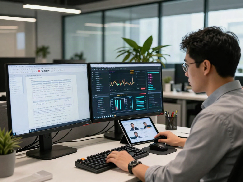 Cybersecurity analyst using document fraud detection software in a modern office.
