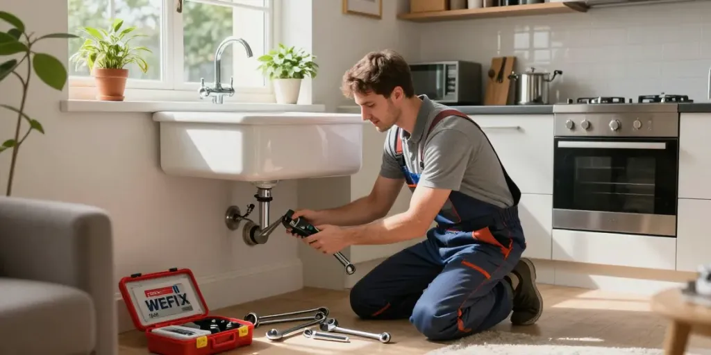 WEFIX London plumber fixes a leak in a cozy kitchen, showcasing professional plumbing services
