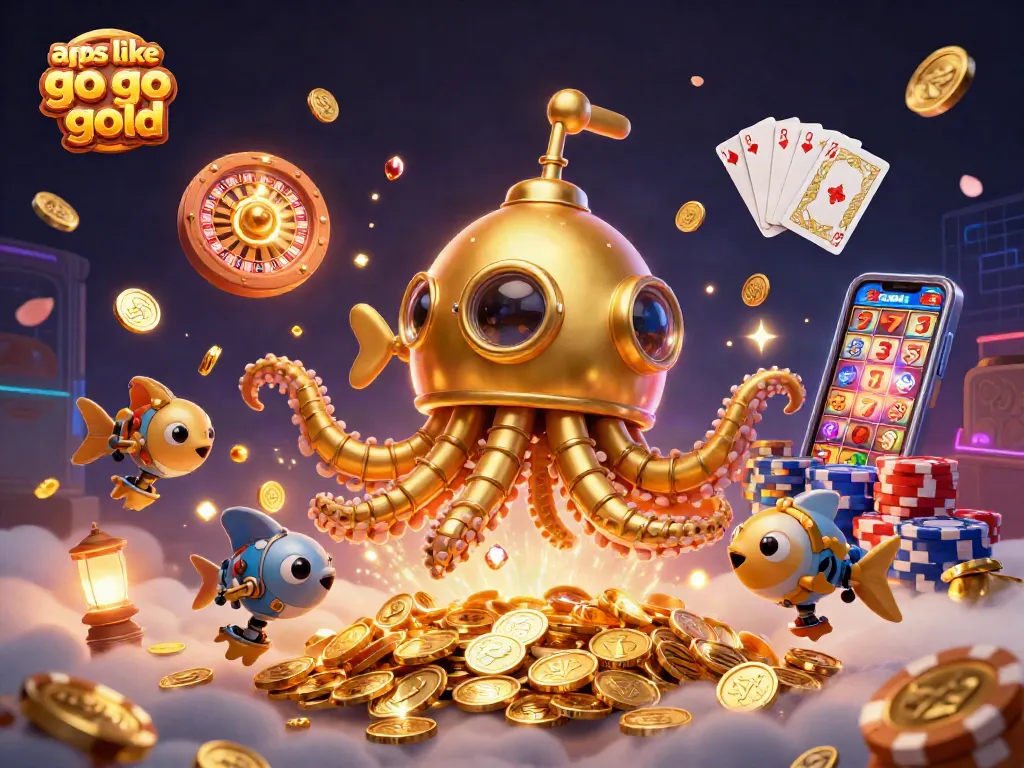Experience games like Go Go Gold with this vibrant 3D casino scene filled with slot reels and golden treasures.