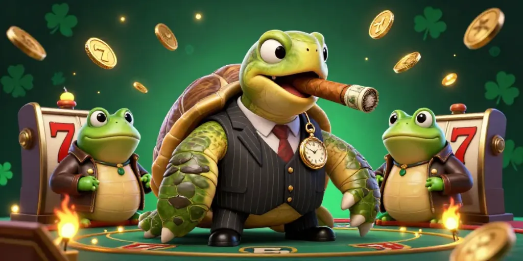 Experience thrilling slots at flokitoto with a fun scene featuring a snapping turtle and bullfrog enforcers in a casino.