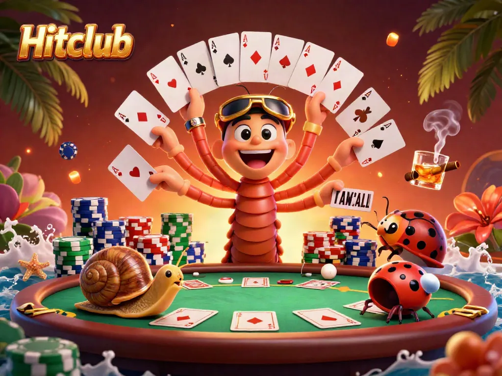 Hitclub 3D casino illustration featuring a millipede dealer with cards, a snail high-roller, and vibrant chips.