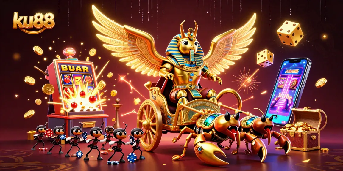 Experience excitement with ku88's dynamic casino scene featuring animated 3D characters and vibrant game elements.