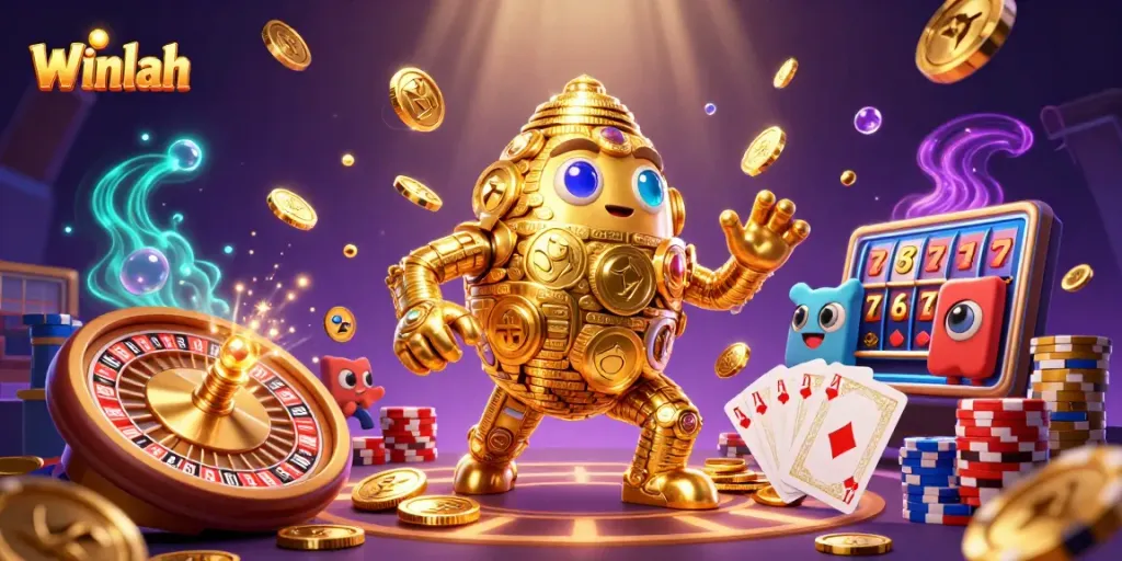 Spin to win with Winlah's golden golem surrounded by vibrant casino elements.