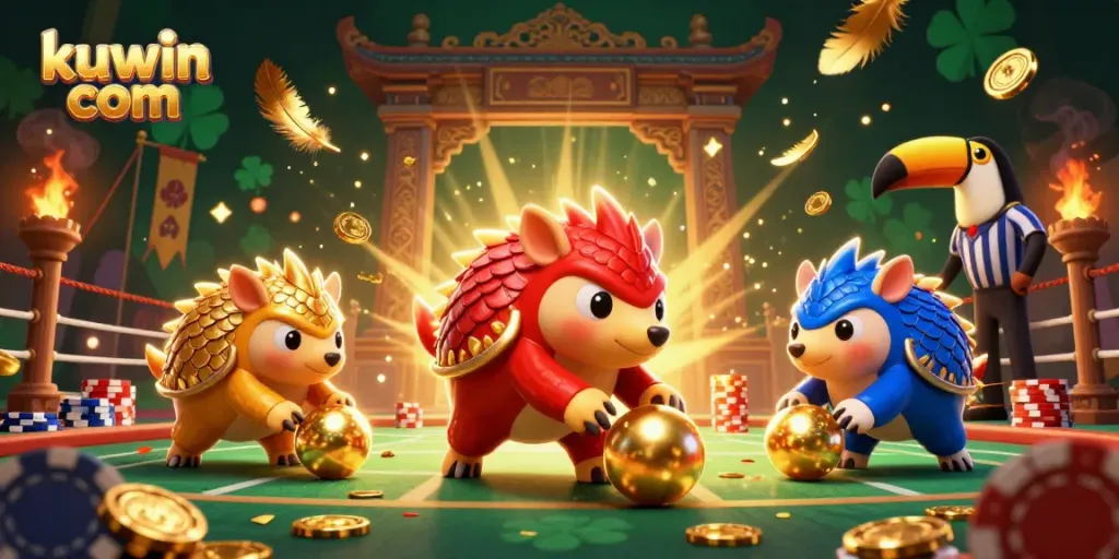 Witness the intense excitement of kuwin com as vibrant pangolins battle through poker chips in a dynamic casino arena.